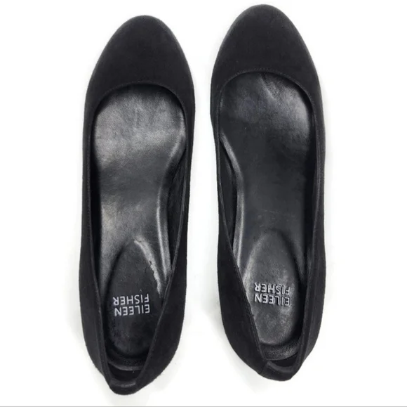 Eileen Fisher Neat Black Suede Round-Toe Low Block Heel Slip-On Pumps - Picture 4 of 14